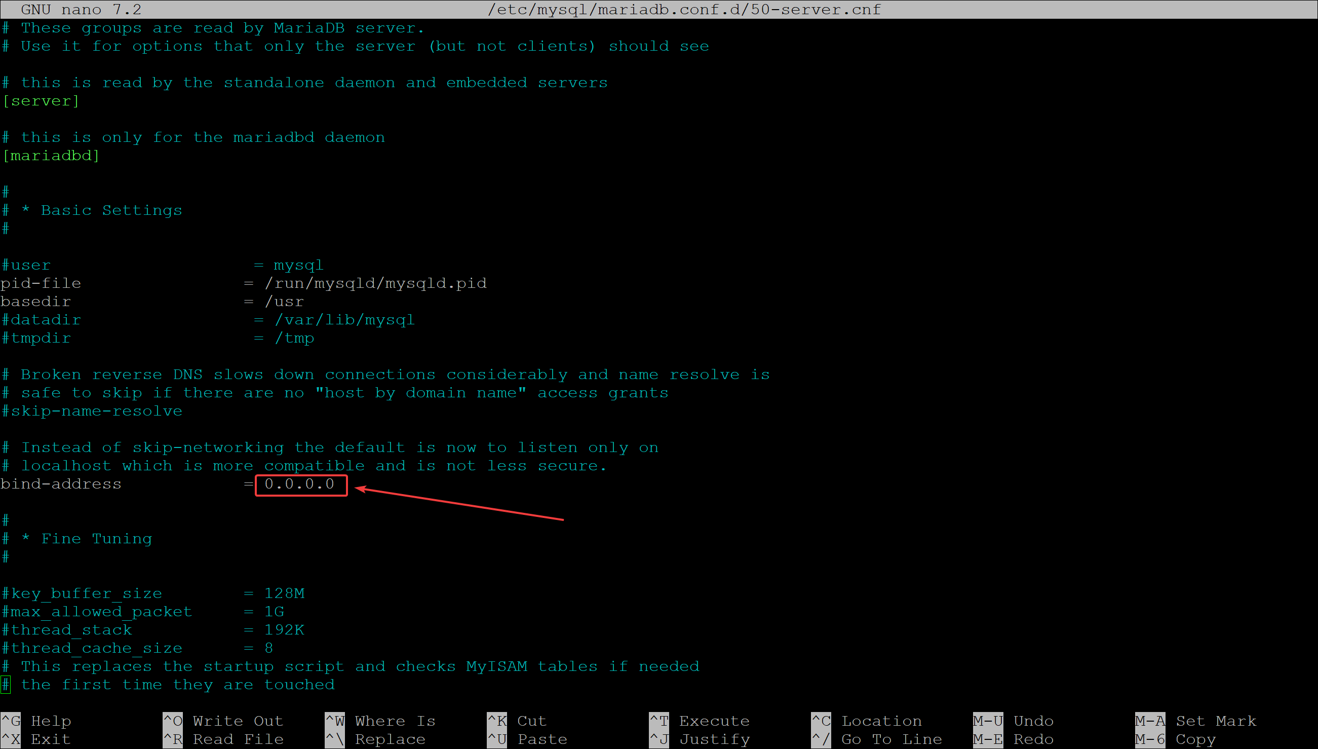 changing the bind_address value in 50-server.cnf