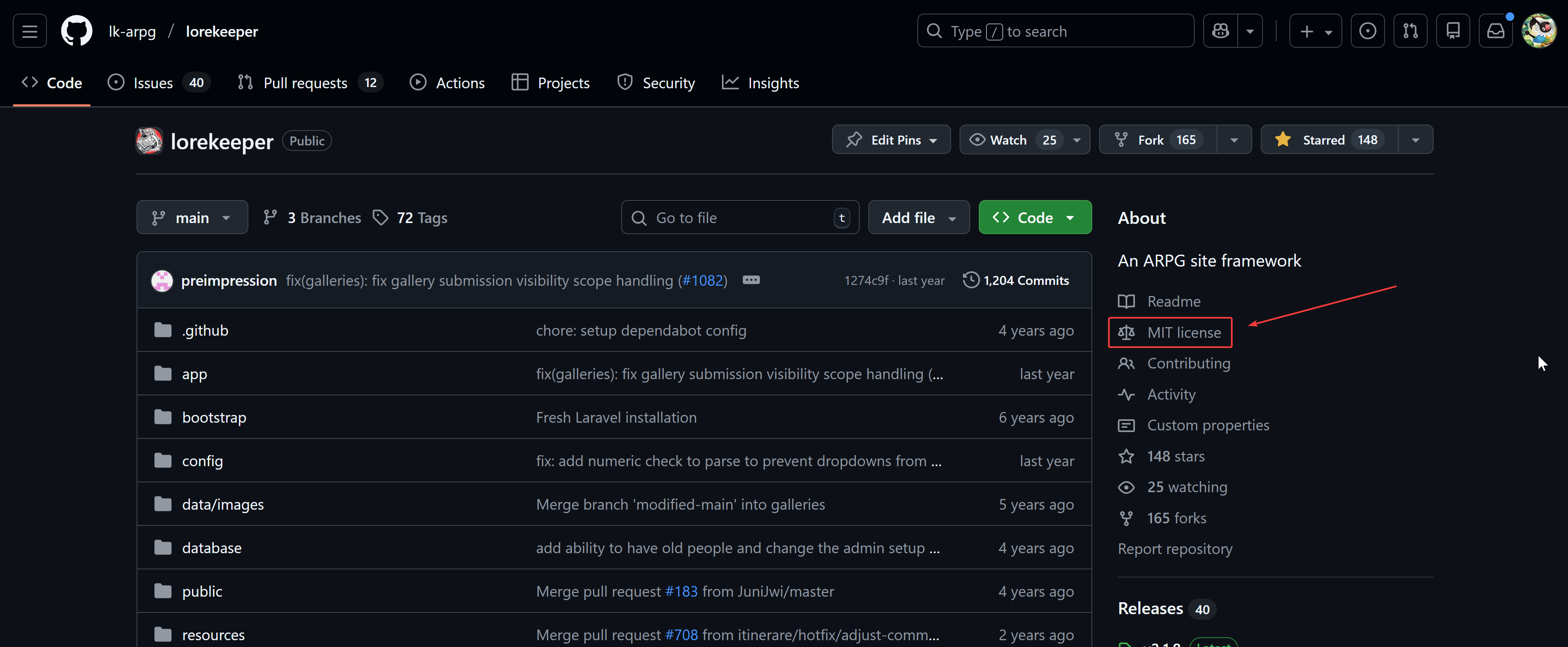 image showcasing the license link on a github repo