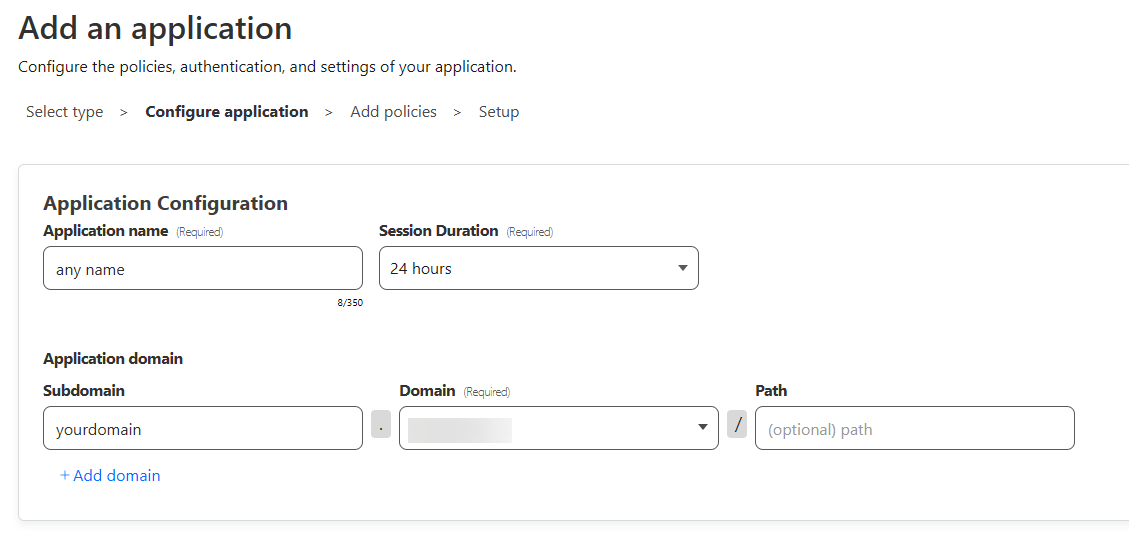 picture showing "any name" for application configuration and "your domain" for subdomain