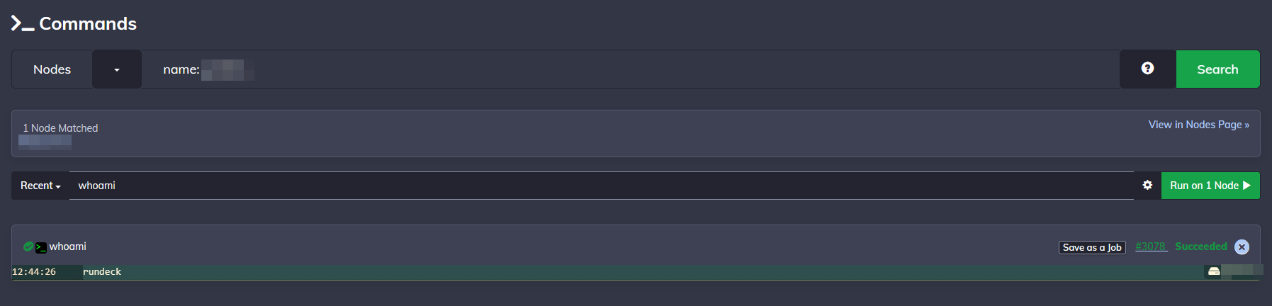 rundeck showing a successful response to the whoami command